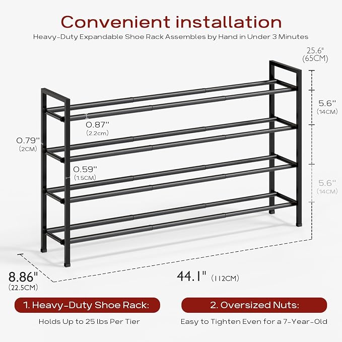 Bumusty 4 Tier Long Expandable Shoe Rack for Closet, Black | 18"-44" Adjustable Shoe Rack for Entryway, Shoe Organizer for Dorm, Front Door, Sturdy Metal