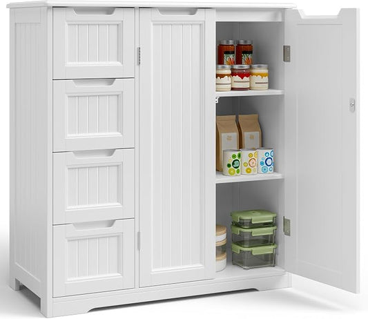 Gizoon Storage Cabinet, Bathroom Storage Cabinet with 4 Drawers & 2 Doors | Freestanding Floor Cabinet with Adjustable Shelf, Ample Storage Space for Bathroom, Kitchen, Living Room, Entryway, White