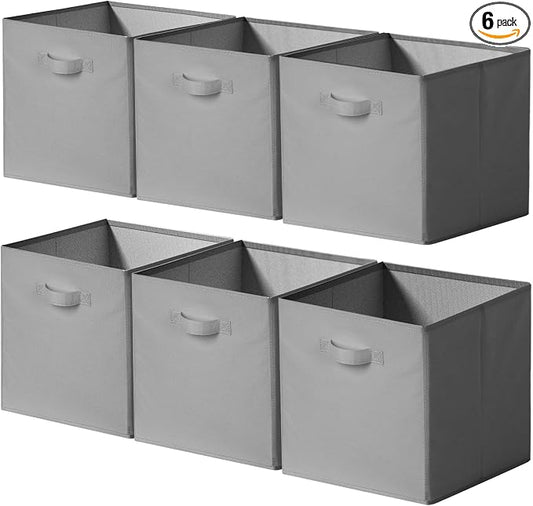 Cupic Cupid 13x13 Storage Cubes, 6 Pack Open Storage Bins with Handles, Storage Cube Organizer for Clothes and Toys, Collapsible Cube Bins for Closet, Shelves, Offices, Gray