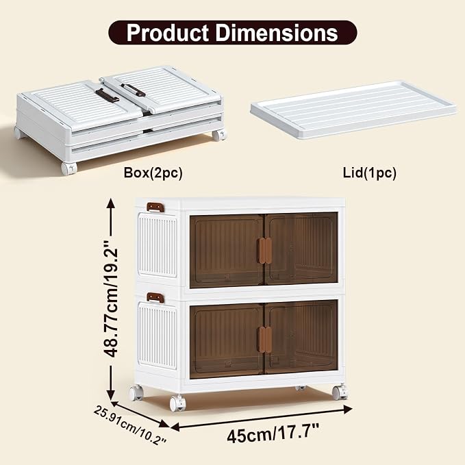 48QT Stackable Storage Bins With Lids, 2 Pack | Collapsible Storage Box, With Wheels and Doors, Foldable Storage Bins, For Bedroom Dorm Office Kitchen