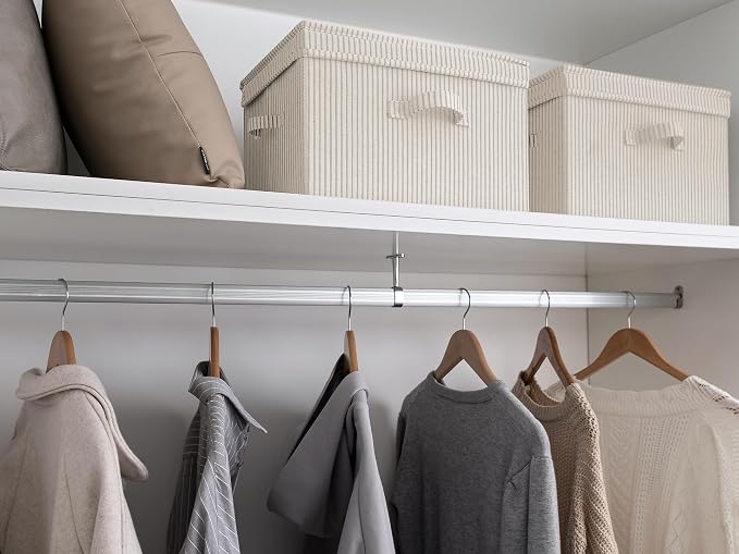 StorageWorks Fabric Storage Bins with Lid, Decorative Storage Boxes for Shelves, Stackable Closet Organizer Basket with Handles, Large, Khaki and Beige Stripes, 2-Pack