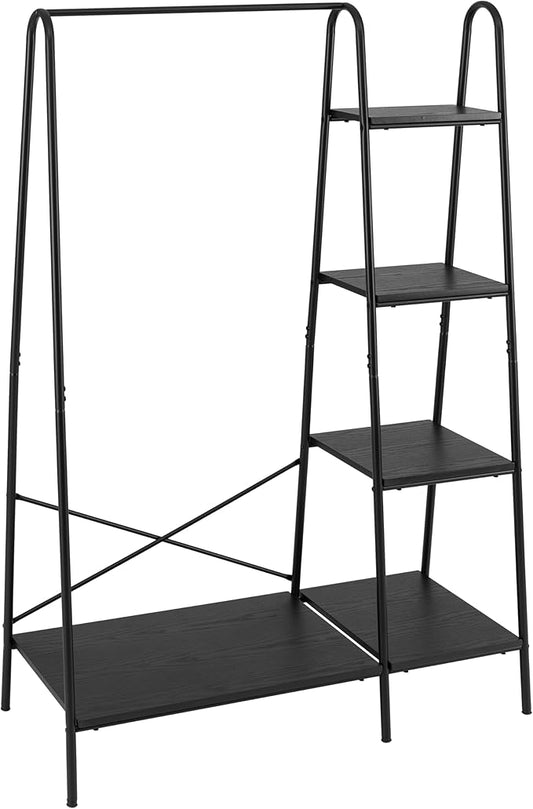 Finnhomy Rustic Clothes Rack, Clothing Rack for Hanging Clothes Heavy Duty Garment Rack with 5 Wood Shelves Freestanding Portable Closet Organizer for Bedroom/Entryway/Boutiques，Matte Black