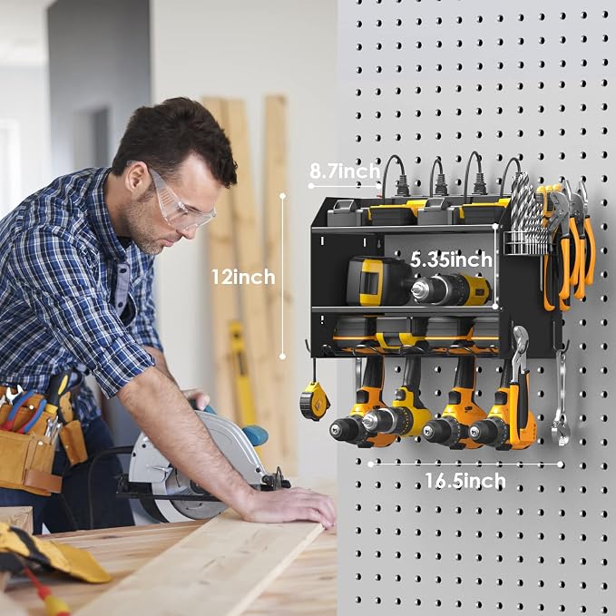 CCCEI Wall Mount Modular Tool Charging Organizer, Black, 2 Pack, 3 Tier. | Drill Battery Storage Rack with Hooks, Garage Workshop, Gifts for Men, Dad, Husband Anniversary, Birthday, Christmas