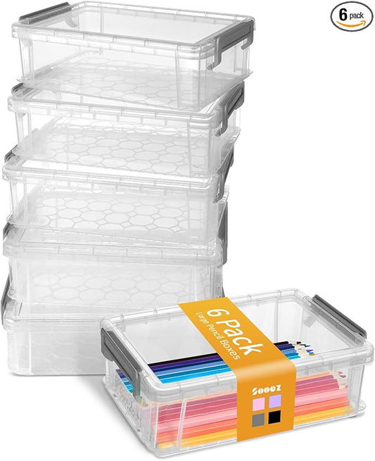 Sooez 6 Pack Extra Large Pencil Box, Plastic Pencil Case Crayon Box | Clear Marker Organizer Plastic Containers with Lid, Stackable Storage Boxes for Art Craft,Back to School Supplies, Grey
