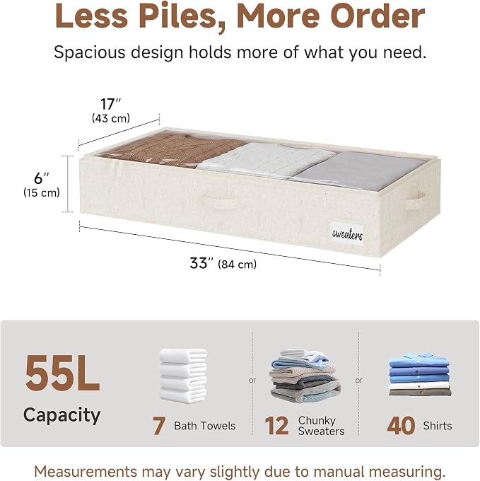 StorageWorks Under Bed Storage Containers - Large Underbed Storage with Handles and Label Holder, 2 Pack Ultra-thick Fabric Underbed Bins, Closet Organizer for Clothes, Blankets, Sweater