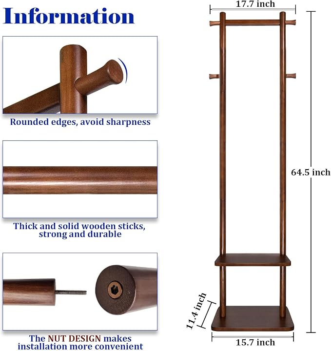 Coat Rack,Wooden Coat Rack Freestanding,Standing Coat Racks Tree Clothes Hanger Stand with Stury Base for Entryway, Livingroom, Bedroom,Easy to Assemble(Brown)