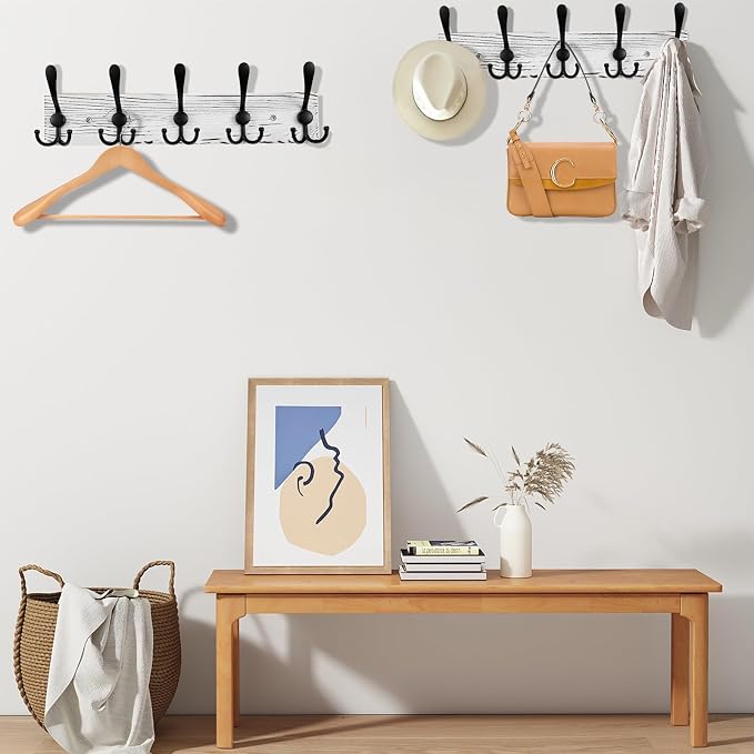 Kuhome Coat Rack Wall Mount Wooden Hat Rack for Wall Hooks Pine Real Wood Plank 16.9" White Coat Hanger with 5 Black Triple Hooks for Hanging Coat Hat Jacket