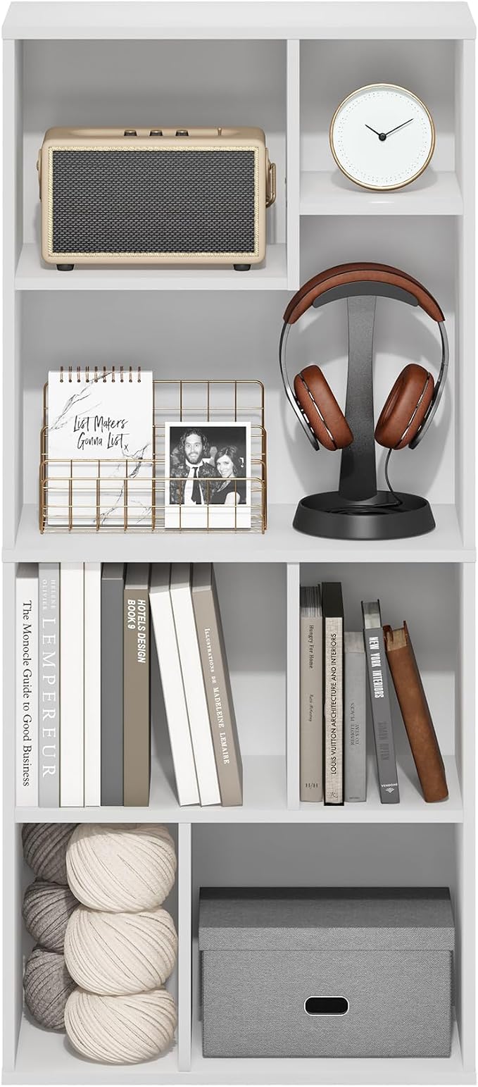 Furinno DALY Book Shelf, 7-Cube Bookshelf, Cube Storage Organizer Bookcase with Irregular Compartments, 9.4 x 18.9 x 42.1, for Living Room, Bedroom, Home Office, White