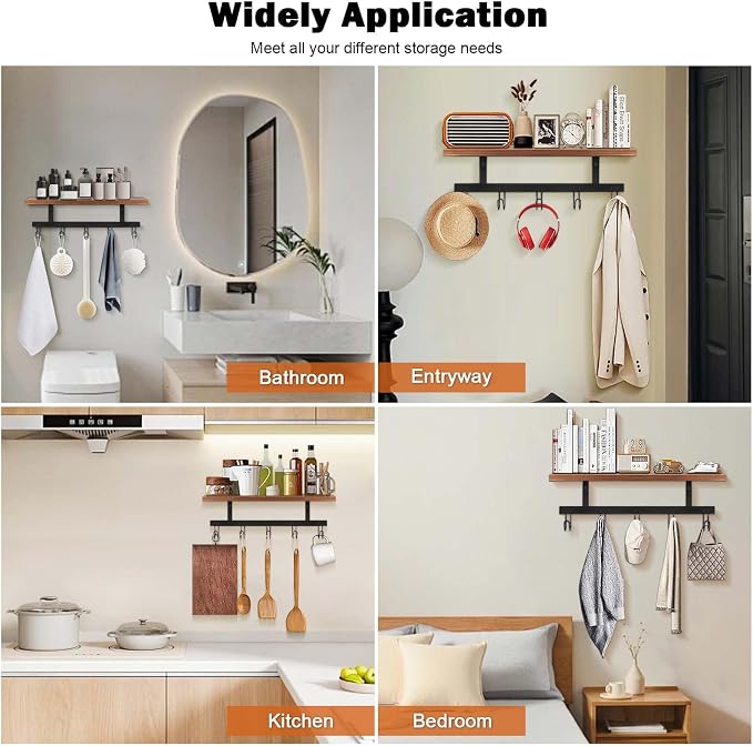 Livabber Wall Mounted Coat Rack with Wooden Shelf, Heavy Duty Wall Hanging Storage with 5 Metal Hooks for Bathroom, Entryway, Living Room, Bedroom (Black)