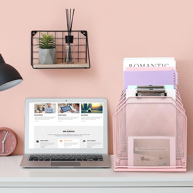 SUMMORO Inclined File Organizer for Desk, 7-Tier Vertical File Folder Holder Office Desk Organizer Metal Rack File Wire Mesh Desktop Document Sorter for Office School Classroom Home (Pink)