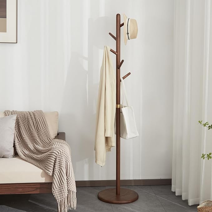 Solid Wood Coat Rack Freestanding 6 Hooks for Entryway Bedroom | Wooden Coat Tree Freestanding For Hats, Handbags, Entryway, Bedroom, Hallway, Gift for Men & Women