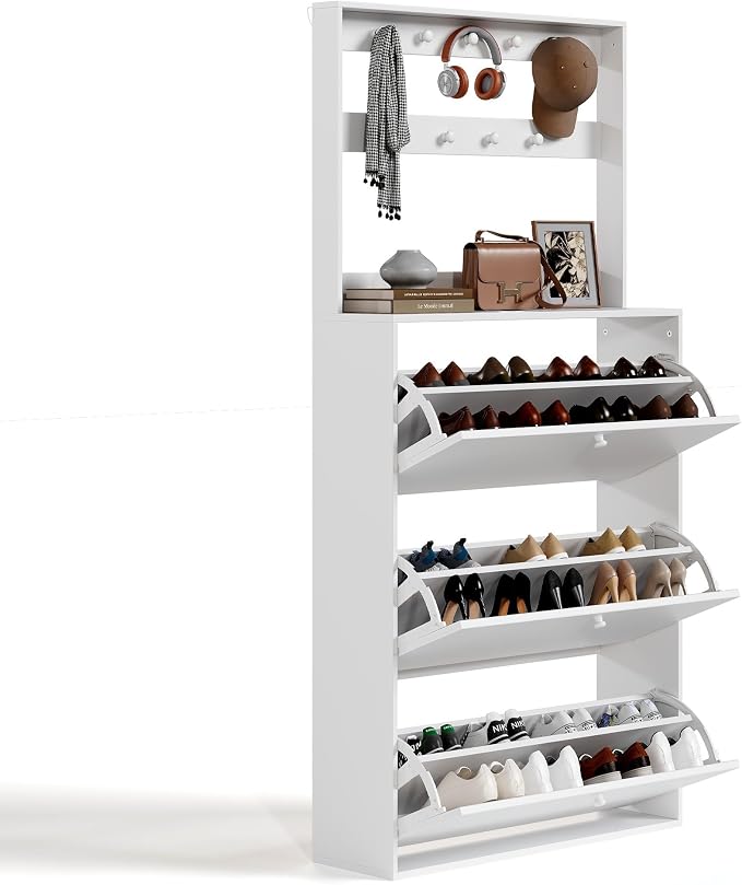 HOPUBUY Shoe Cabinet for Entryway, Narrow Shoe Storage with 3 Flip Drawers | Slim Narrow Freestanding Shoe Storage Organizer for Entryway, Hallway & Living Room, White