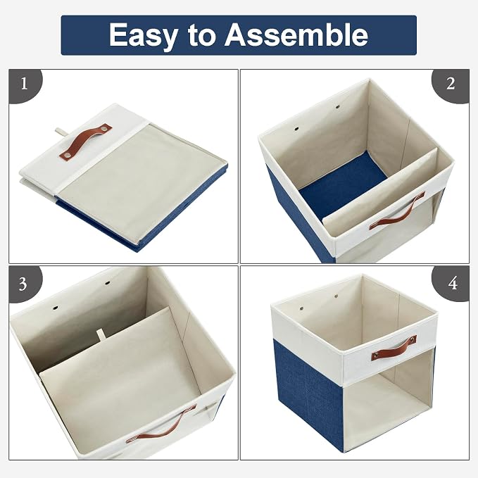 Storage Cubes, 4 Pack Linen Foldable Storage Bins (13 x 13 inch) with Clear Window and Handles, Fabric Organizer for Shelf Closet, Clothes, Books - (Navy Blue and White)
