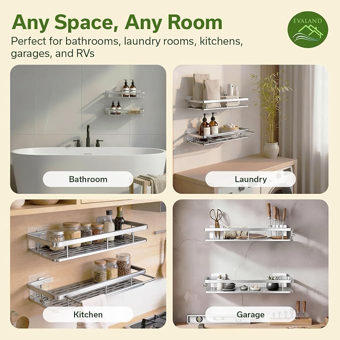 EVALAND Self Adhesive Shower Caddy Organizer 2-Pack No-Drill Storage | Hooks and Rod for Towels, Shower Shelves for Inside Shower, Bathtub Shelf, Rustproof, Rack, Easy Installation, Sturdy