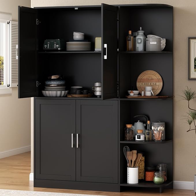 Kitchen Pantry Storage Cabinet, 64" Tall Freestanding Cupboard with Doors & Adjustable Shelves, Food Pantry Cabinet with 5-Tier External Shelf for Dining Room (Black)