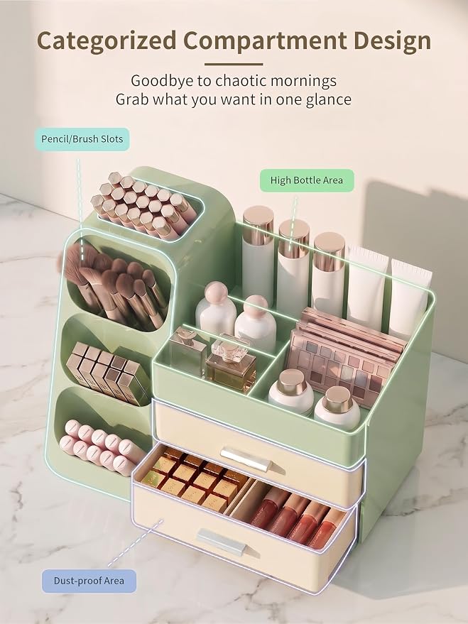 Booklov Large Makeup Organizer for Vanity Countertop, Green Cream | Plastic Cosmetic Display Case with Drawers, Beauty Brush Holder for Bathroom Counter, Skin Care Perfumes Storage