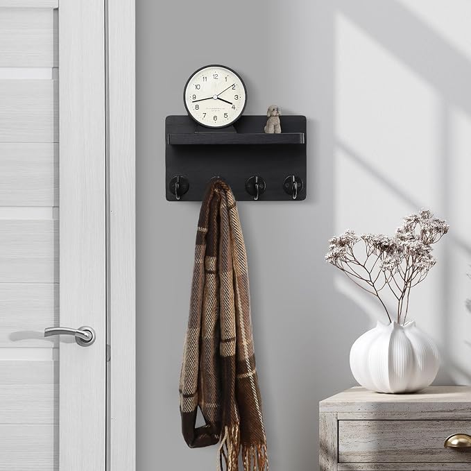 Nekon Key Holder Wall Mount, 8.5 Inch Small Home Decor Wooden Wall Organizer with 4 Hooks and Shelf, Wall Decor for Living Room Entryway Kitchen (Black)