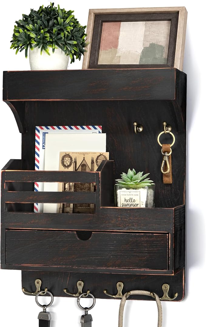 Rebee Vision Key Holder Wall Mount with Shelf for Entryway,Distressed Black | Pine Wood, Key Holder for Wall, 6 Key Hooks, Shelf, Plant Display, Drawer Organizer, Mail Organizer, Home Decor Aesthetic