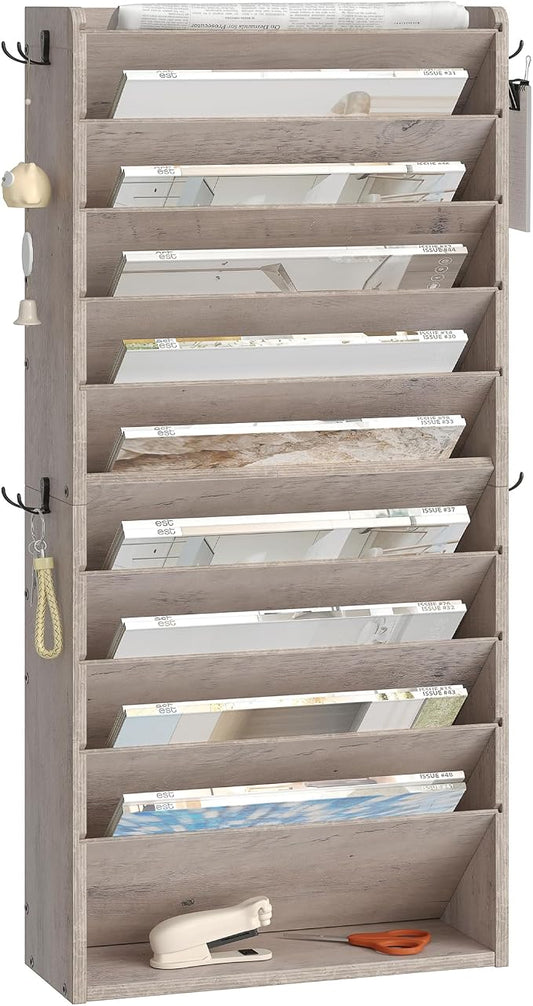CHOEZON Wall File Organizer, 10-Tier Hanging Mail Organizer, Wall Mount File Holder with 4 Side Hooks, Industrial Mail and Storage Organizer, Wooden Vertical Hanging Holder for Office, Greige MWJ03FH