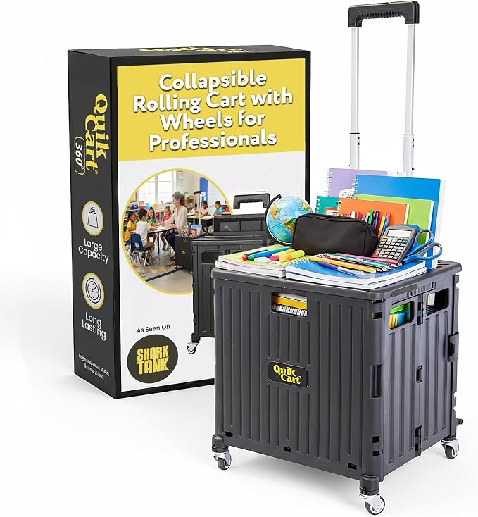 dbest Products Quik Cart 360 Rolling Crate with Wheels - Collapsible Utility Cart for Teachers & Home - Heavy Duty Folding Cart with Seat - 80 lb Capacity - Black | 80 lbs Capacity, 360 Spinner Wheels, Telescoping Handle, Folding Portable Utility Cart ...