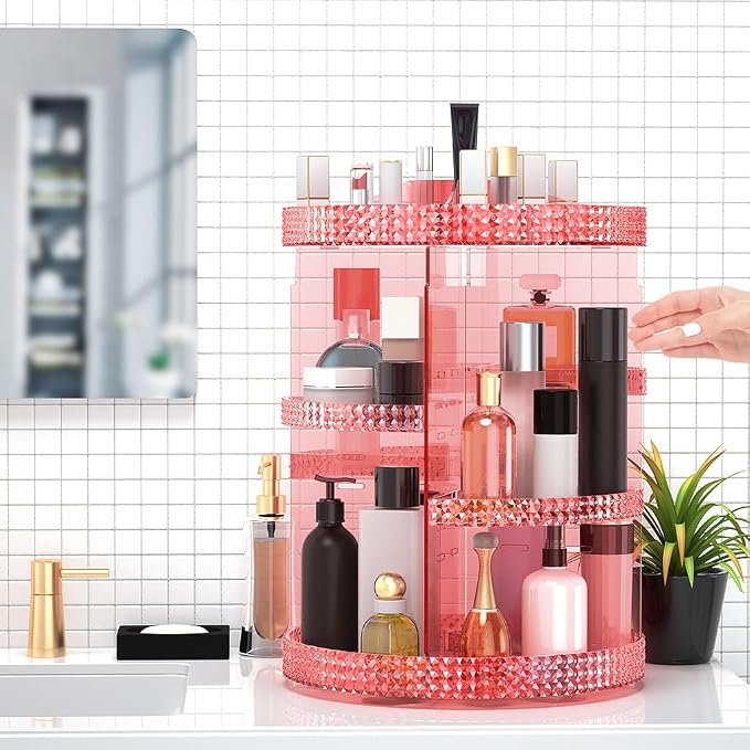 360 Degree Rotating Makeup Organizer, Extra Large Capacity Perfume Holder, Removable 7 Layers Cosmetics Organizer, Make Up Organizer For Countertop Storage Skincare or More (Pink)