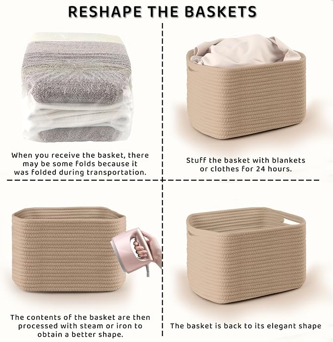 4 Pack Storage Baskets for Organizing, 11''Lx9''Wx8''H Woven Baskets for Storage Toys, Towels, Books, and Clothes, Cotton Rope Basket for Shelves with Handle