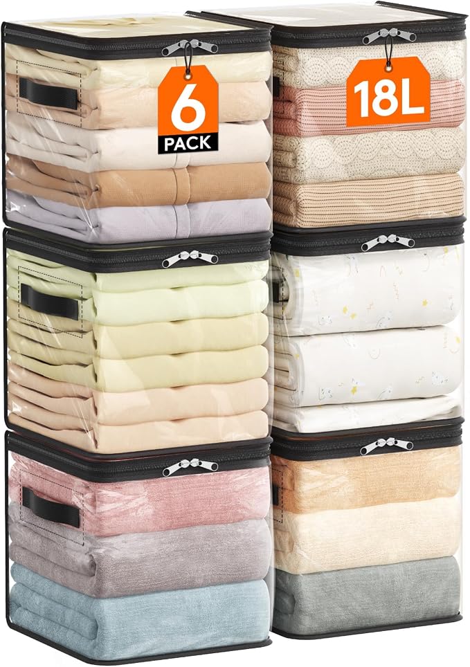 Lifewit 6 Pack Clear Clothes Storage Bags, Sweater Storage with Zipper, 18L Vinyl Foldable Moving Bags, Storage Container for Blankets Bed Sheet Sweater Yarns