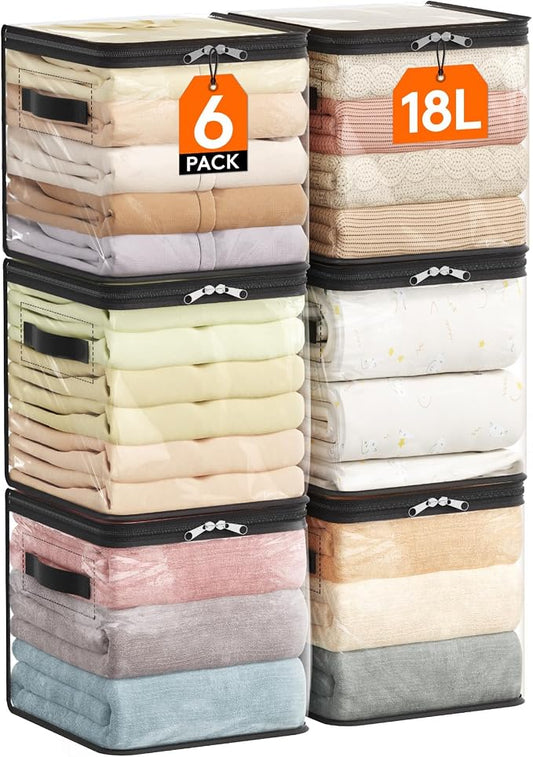 Lifewit 6 Pack Clear Clothes Storage Bags, Sweater Storage with Zipper, 18L Vinyl Foldable Moving Bags, Storage Container for Blankets Bed Sheet Sweater Yarns
