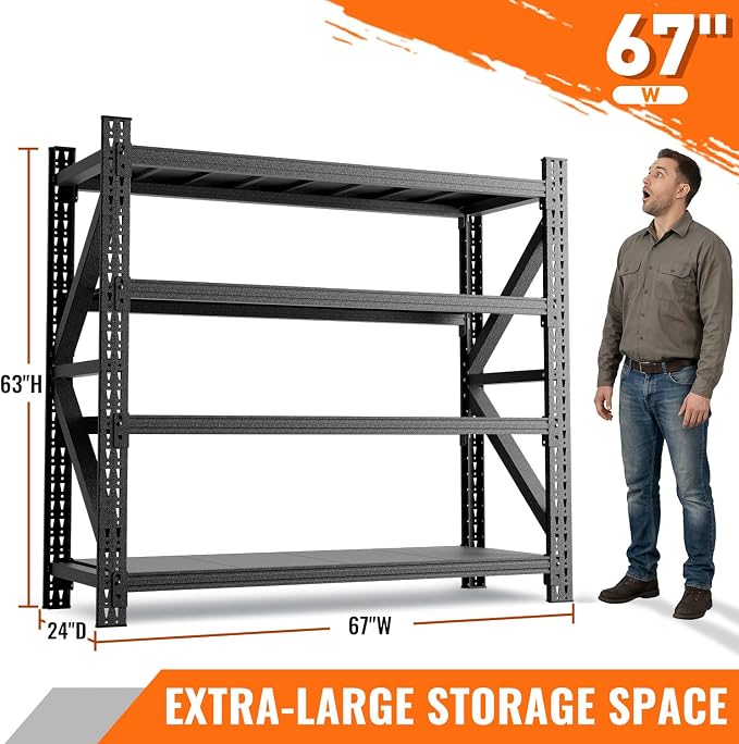 5000LBS 4 Tier Garage Storage Shelves, Heavy Duty Adjustable Storage Rack for Warehouse, Basement, Shop and Office, Commercial-Grade Steel Organizer, 67" W x 24" D x 63" H