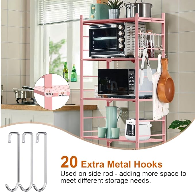 Himix Storage Shelves with 20 Hooks, 5-Tier Foldable Shelves for Storage, Folding Shelf Unit Pantry Shelves with Wheels, Standing Shelving Unit for Kitchen Garage Home Office Room Greenhouse, Pink