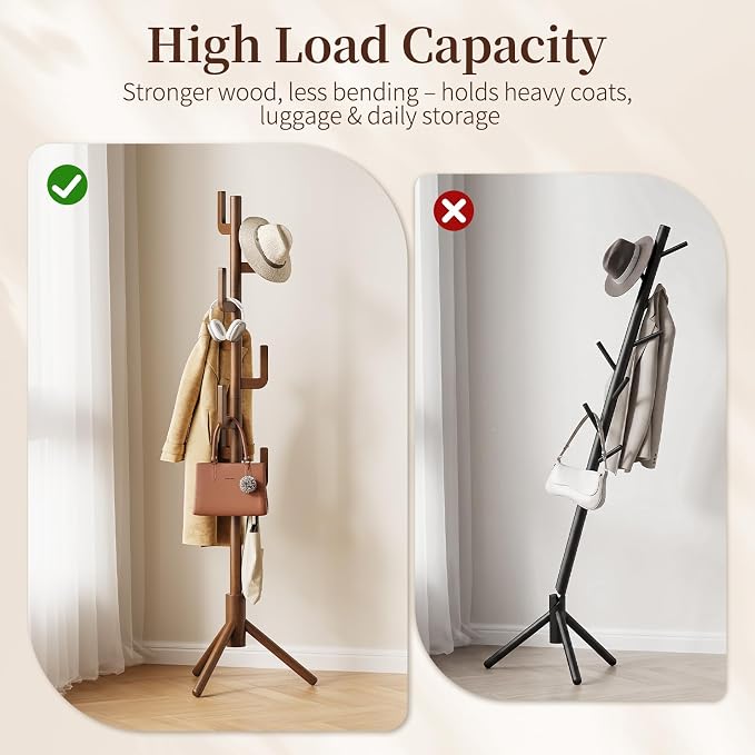 Yoobure Solid Wood Coat Rack - Cactus Coat Tree Freestanding with 8 Hooks, Coat Hanger Stand with 3 Adjustable Sizes for Jacket, Hat, Clothes Stands for Hall, Entryway, Bedroom, Office, Living Room