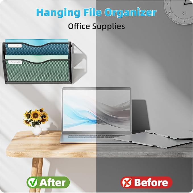 Marbrasse Wall File Holder 2-Tier Hanging Wall File Organizer, Mesh Mail Holder for Papers, Wall Mount File Clipboard & Magazine Organizer Great for Office Home (Black)