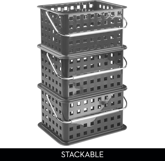 iDesign Stackable Shower Basket with Handle, Gray, Set of 3 | Made in USA, For Dorm or Bathroom