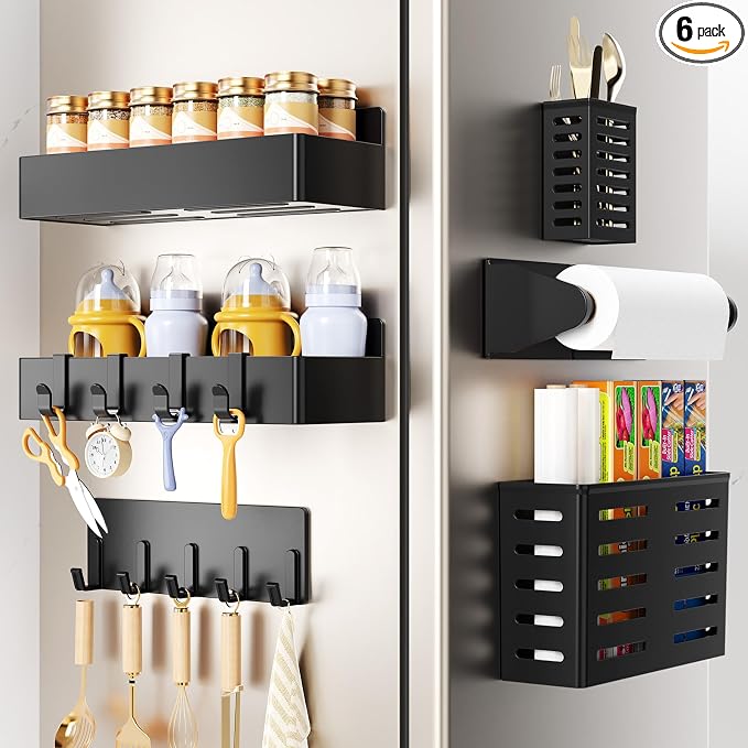 Magnetic Spice Rack for Refrigerator,6 Pack Magnetic Shelf,Fridge Magnet Organizer with Paper Towel Holder,Utensils Racks,Hook Rack,Deepened Basket,Fridge Organizers and Storage Black(6 Pack)