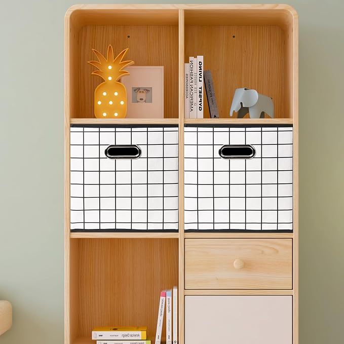 Yunkeeeper storage bins Cubes, Fabric Cube Organizer with Handle, Foldable Cube Bins for Cloth or Accessary Storage, 11x11x11, Set of 6, (White grid)