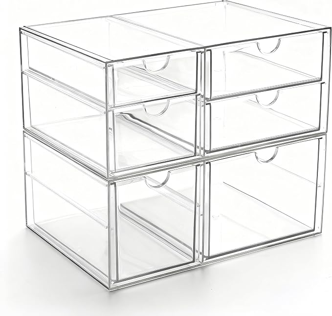 Prsildan Acrylic Makeup Organizer Clear Storage Drawer with 6 Small Drawers | Transparent, Vanity Organizers, For Bathroom Kitchen Cabinet Office Desk Under Sink, Set of 2