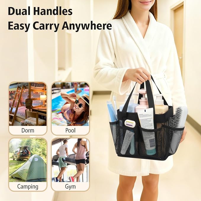 F-color Mesh Shower Caddy Portable - Stand Up 8 Pockets for Dorm, Black | Stand Up Frame, S Hook, Collapsible Organizer, Mesh Shower Bag Bathroom Tote for College Dorm, Camping, Gym, Travel