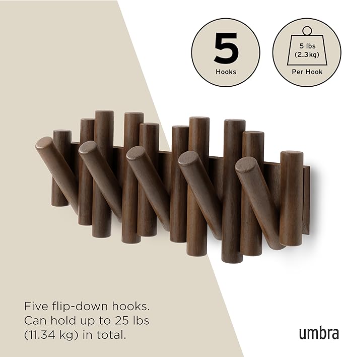 Umbra Picket Coat Rack, Wall Mount 5 Flip-Down Coat Hooks, Walnut | Beveled pine wood dowels, supports up to 5 lbs, mounting hardware included, space saving