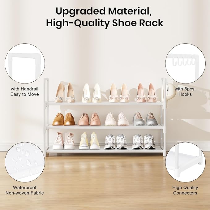 VILICK Shoe Rack for Closet Shoe Organizer Space Saver Storage for 12-15 Pair Shoe Shelf with Hook Free Standing 3 Tier Shoe Rack Organizer for Entryway, Small Spaces, White