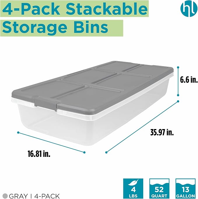Home Logic 52 Qt Latched Underbed Storage Bin with Lid, Stackable Plastic Storage Container, Organizer for Home & Bedroom, 4 Pack, Gray