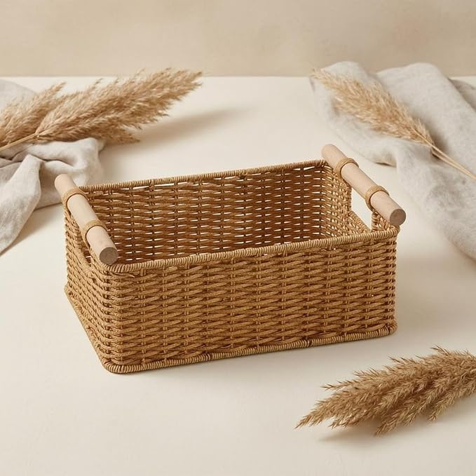 Rectangular Open Top Basket Reinforced Handwoven Rattan Box Decorative, Walnut Rattan