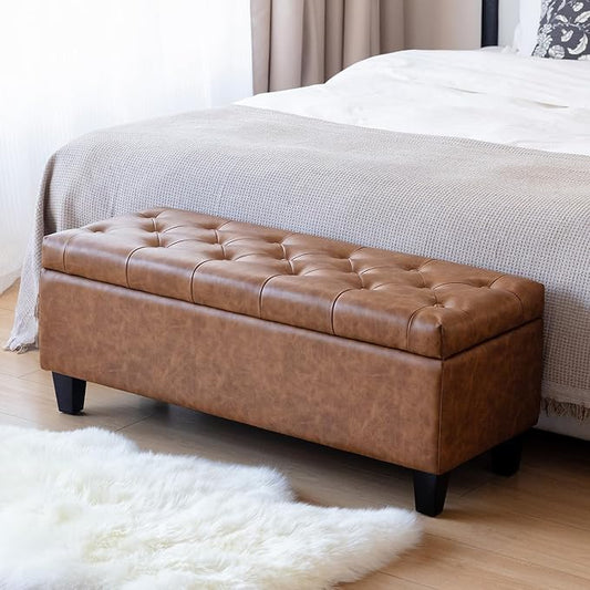 Redlife 42" Faux Leather Storage Ottoman Bench, End of Bed Storage Bench | Faux Leather, Solid Wood Leg, Safety Hinge, Modern Accent Leather Ottoman Storage for Bedroom Living Room Entryway, Brown
