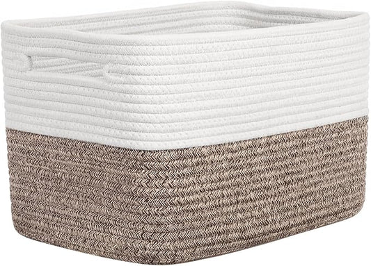Storage Baskets for Organizing, 14 x 10 x 9” Closet Shelf Woven Baskets, Square Bins with Handles, Cotton Rope Basket for Clothes, Office, Room, White+Dark brown 1 Pack