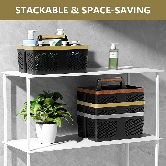 BYUNER Shower Caddy Dorm Men: Plastic Bathroom Caddy Organizer with Handle and Holes, Bath Caddy for College Dorm, Portable Shower Basket Tote for Toiletry, Travel, GYM, Camp Essentials Black/Gold