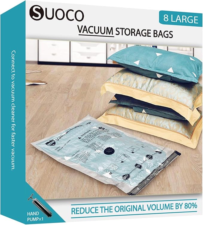 Vacuum Storage Bags, Compression Packing Space Saver Seal Bags for Clothing Bedding Comforters Blankets Pillows, 8 Large