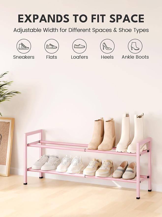 Bumusty 2 Tier Expandable Shoe Rack for Closet, Pink | 18"-33" Adjustable Shoe Rack for Entryway, Small Shoe Organizer for Dorm, Front Door, Sturdy Metal