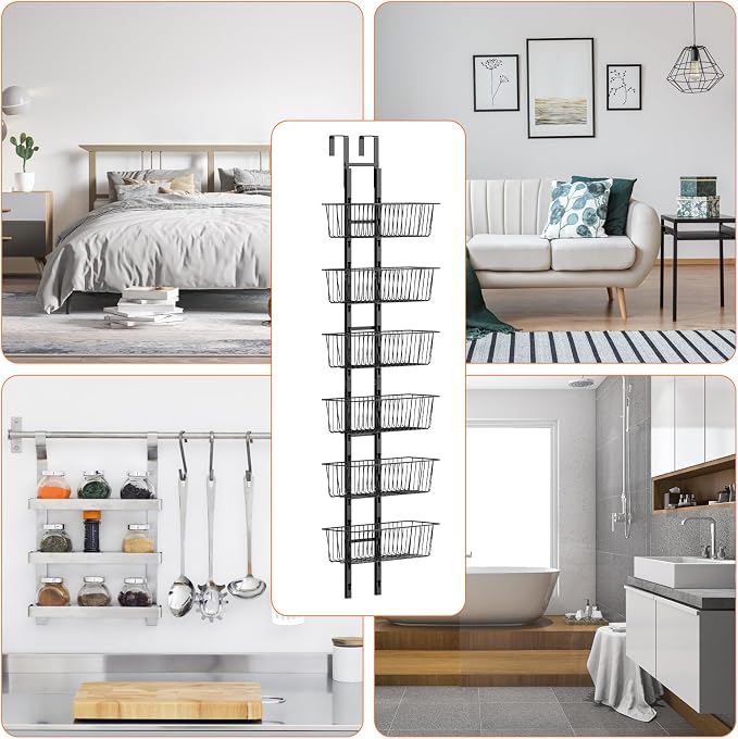 6 Tier Over the Door Pantry Organizer, Over the Door Spice Rack with Adjustable Baskets, Metal Hanging Door Pantry Organizers and Storage for Kitchen Bathroom Bedroom, Black