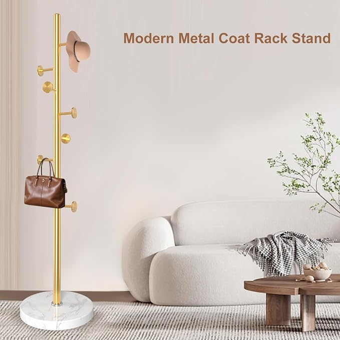 Coat Rack Stand,Golden Metal Coat Rack Freestanding with 8 Hooks | Modern Coat Rack with Natural Marble Base,Coat Hanger Stand, 3 Adjustable Coat Clothes Tree Stand for Office