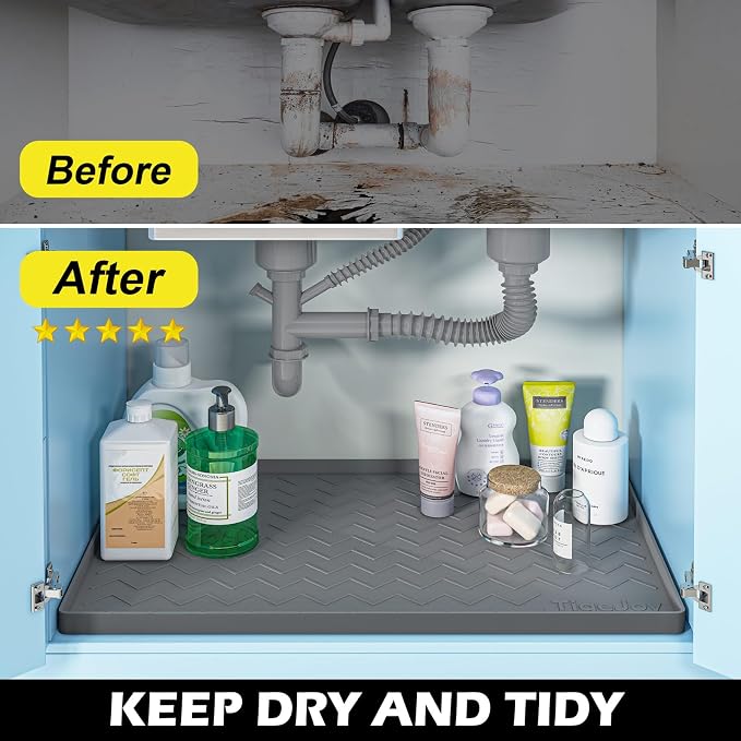 TigeJoy Under Sink Mat 28" x 22", Silicone Mats in Kitchen Bathroom Organizers and Storage, Waterproof Protector for Drawer Shelf and Cabinet Liner, Flexible Drip Tray | Leak-Proof Silicone Mat Sink Protector, Kitchen Essentials Organizer and Storage,B...