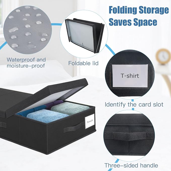 Supowin 2Pack Large Underbed Storage Containers Bin with Lids, Black | 6 Inches Tall Under Bed Storage Organizer Box with Handles, Foldable Closet Organizer for Clothes, Blankets, Seasonal Items